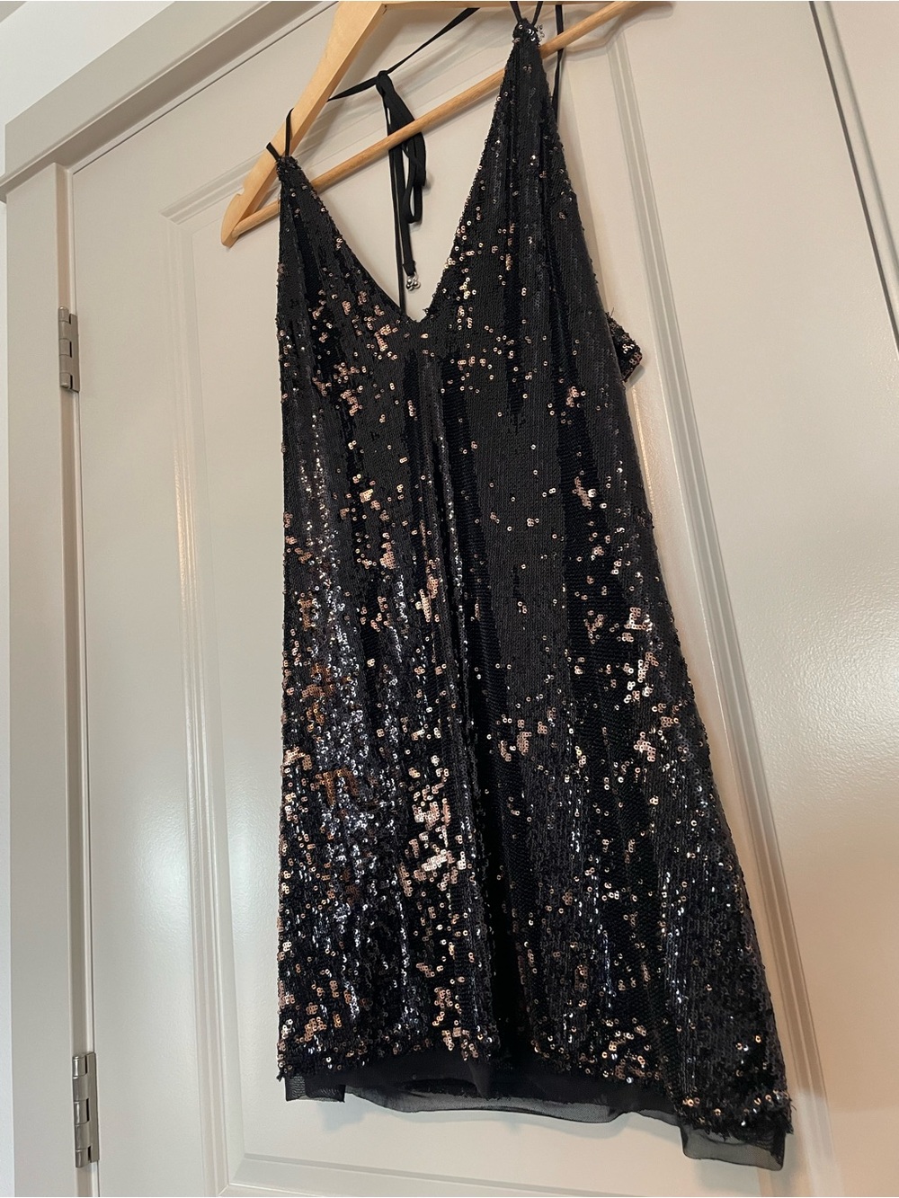 Black Sequin Slip Dress with Gold Accents